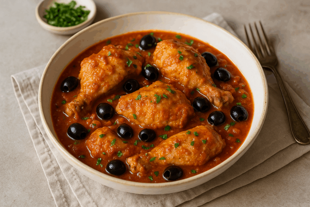 Un bowl de pollo guisado con aceitunas negras